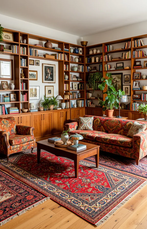 Full perspective of maximalist living room with white walls