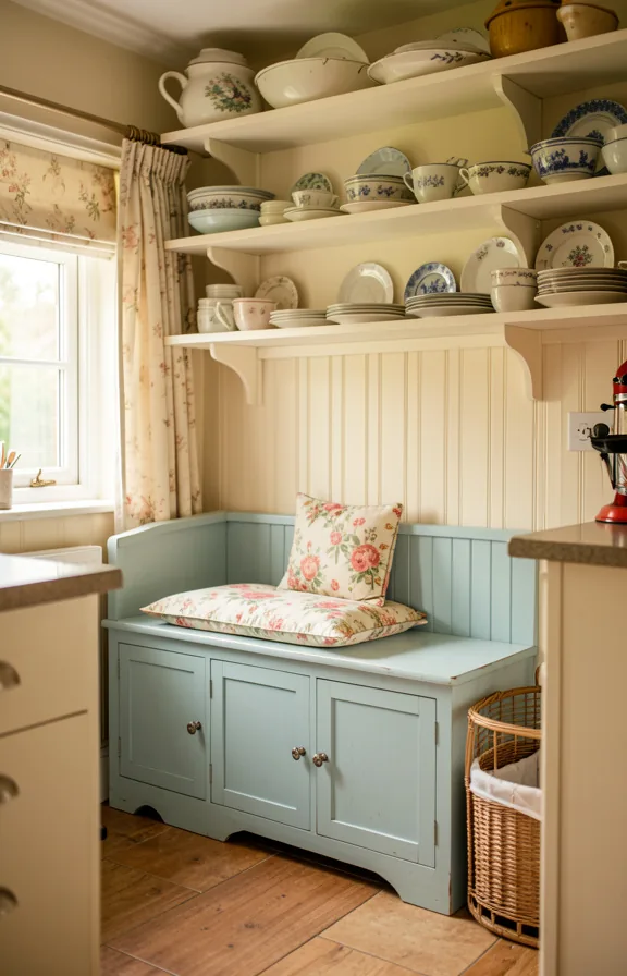 floral cushion on top, open shelving above with vintage dishware
