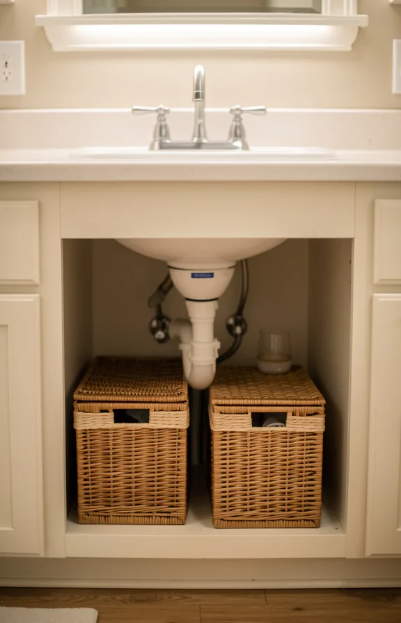 Under-sink kitchen storage view showing woven wicker and rattan baskets in natural tones