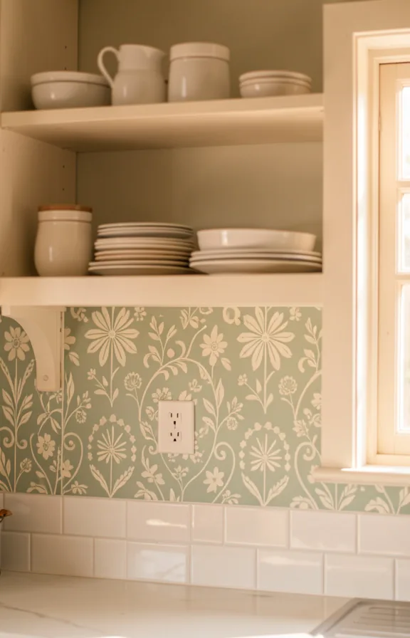 Kitchen wall with a stenciled backsplash pattern in soft sage green and cream