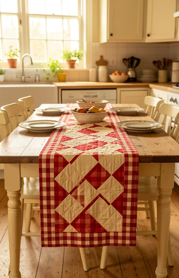 wooden table surface, cream painted chairs visible, simple place settings with vintage plates