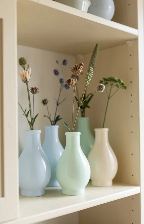 Kitchen shelf display of pale blue, mint, and cream milk glass bud vases clustered together