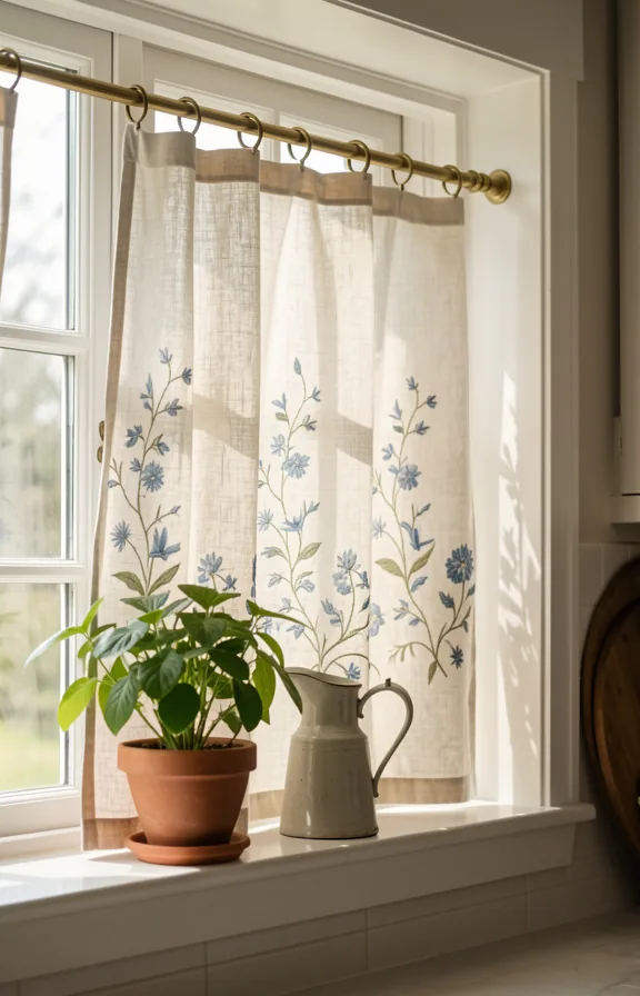 Kitchen window view with embroidered linen curtains in cream and blue floral embroidery