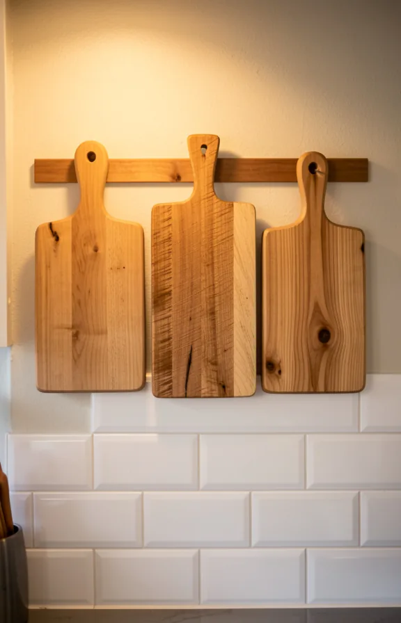 Kitchen wall display showing three wooden cutting boards in various sizes mounted horizontally