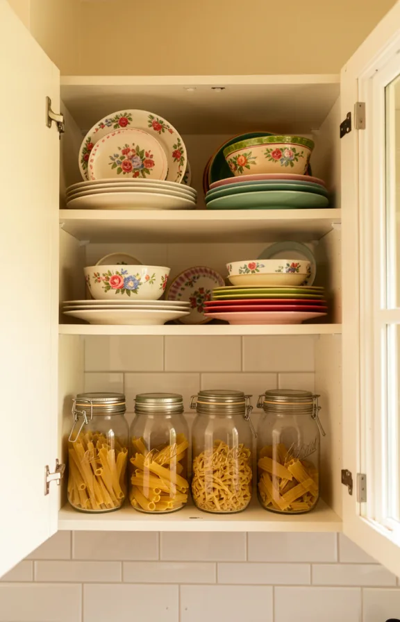 Medium shot of an open kitchen shelving unit displaying mismatched floral and solid-colored ceram