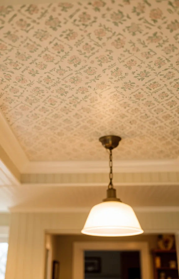 visible beadboard trim, warm pendant light fixture below