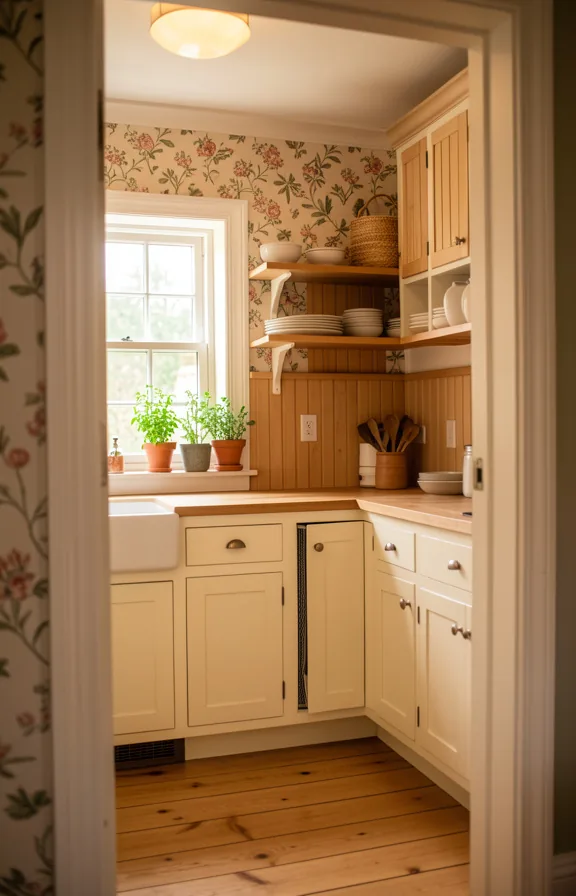 Kitchen entryway view through doorway showing cream-painted cottage kitchen beyond