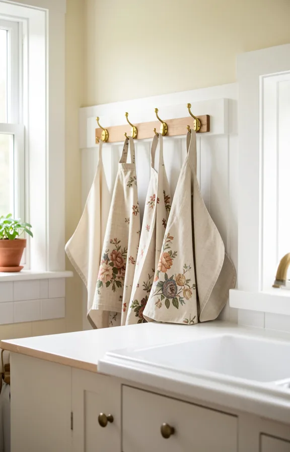 shiny brass hook hardware, cream-colored wall paint, natural window light