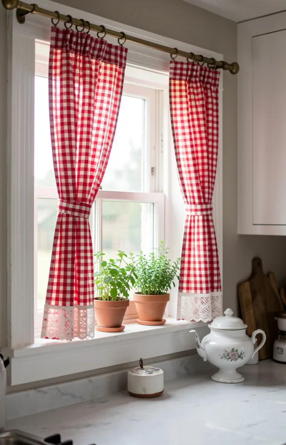 Full kitchen window view with red and white gingham cafe curtains hanging from a brass rod