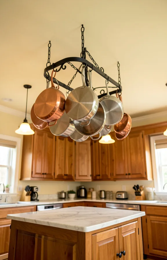wooden kitchen island below with marble countertop, warm-toned wood cabinets
