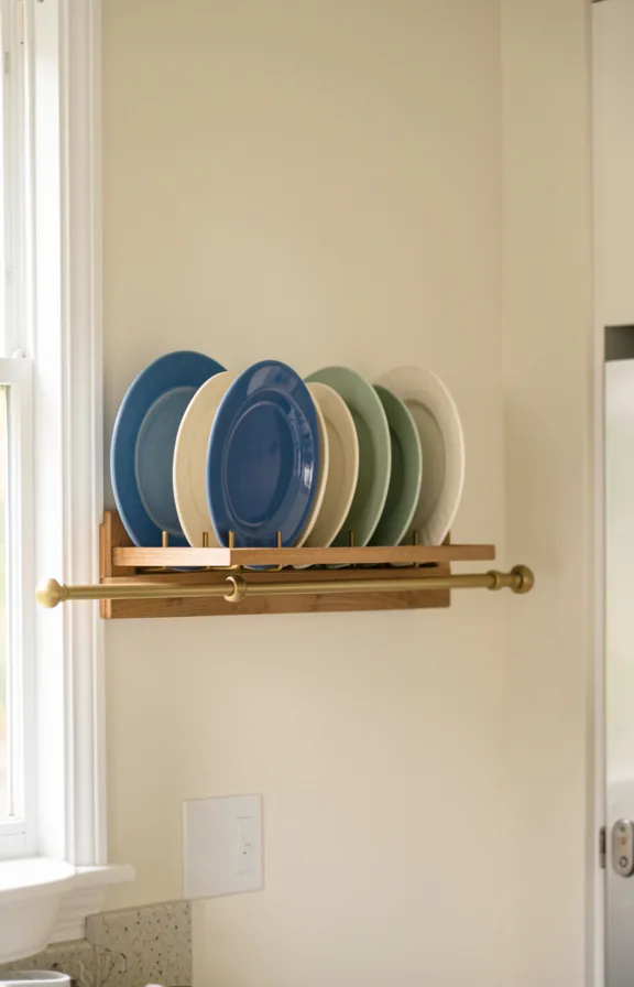 displaying stacked vintage plates in blue, cream, and sage green