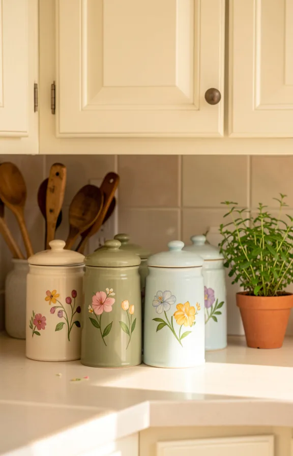 Medium shot of a kitchen countertop arrangement with four ceramic canisters in cream