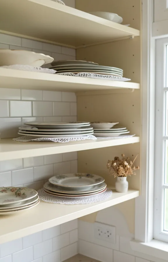 open shelving painted cream, white subway tile backsplash