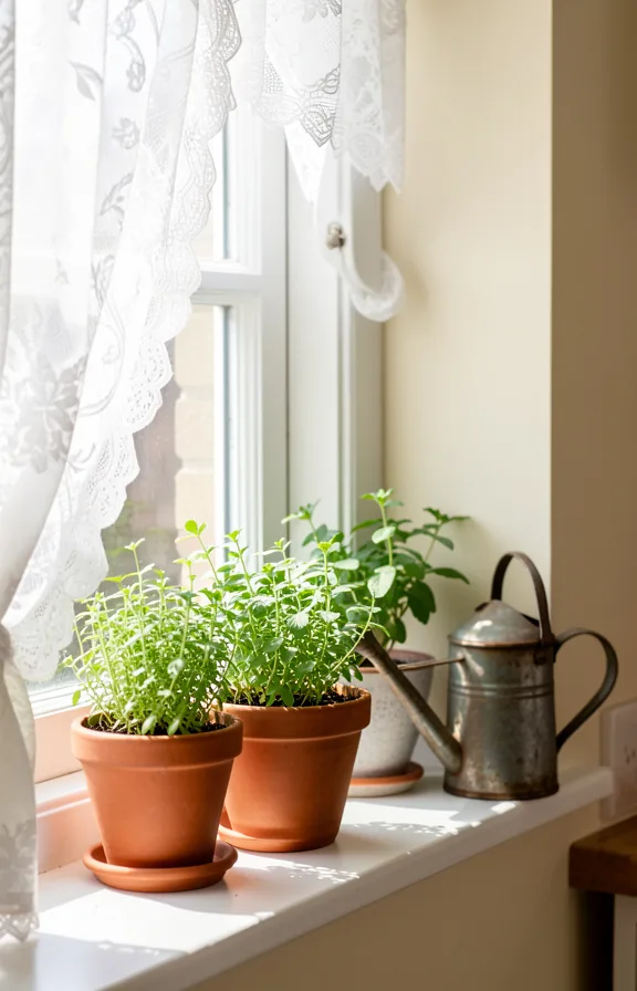Sunny kitchen windowsill scene with four terracotta and ceramic pots holding fresh green herbs