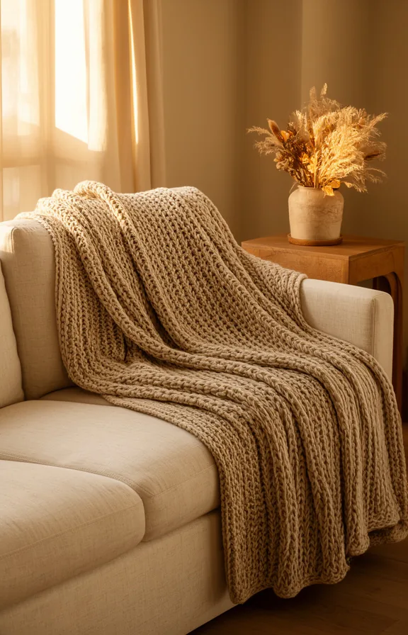 3/4 view of a cream linen sofa with two layered throw blankets in chunky knit and woven texture d