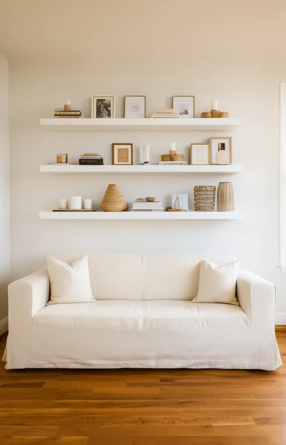 styled with books, small framed prints, candles and woven accents