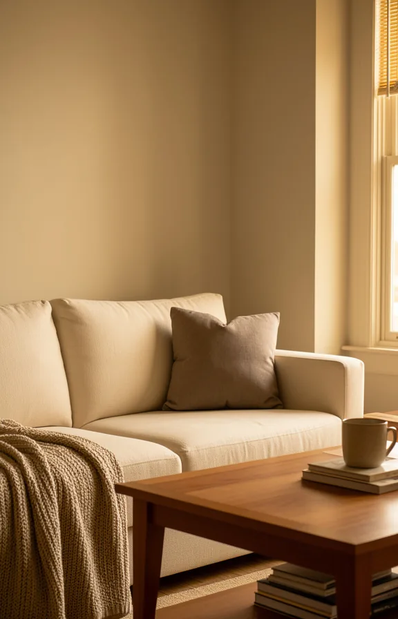3/4 view of a living room with cream sofa