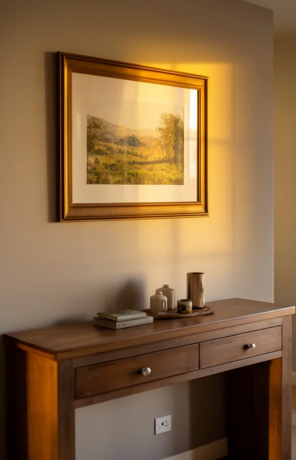 3/4 view of framed landscape artwork hung at eye level above a wooden console table