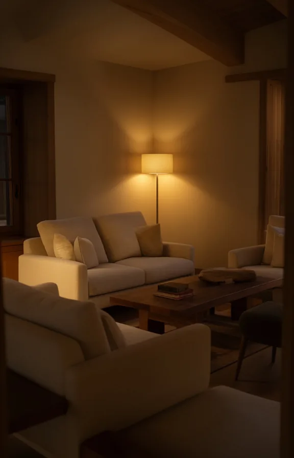 warm light spilling over the back and sides of furniture
