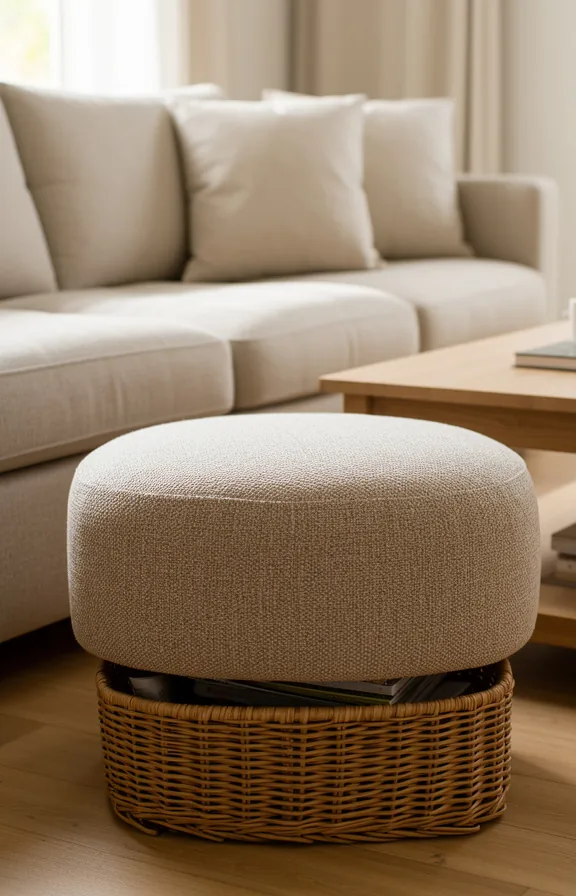 3/4 view of a textured pouf ottoman in natural linen beside a sofa