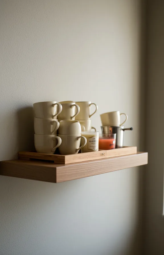 3/4 view of a floating shelf styled as a beverage station with stacked mugs in cream tones