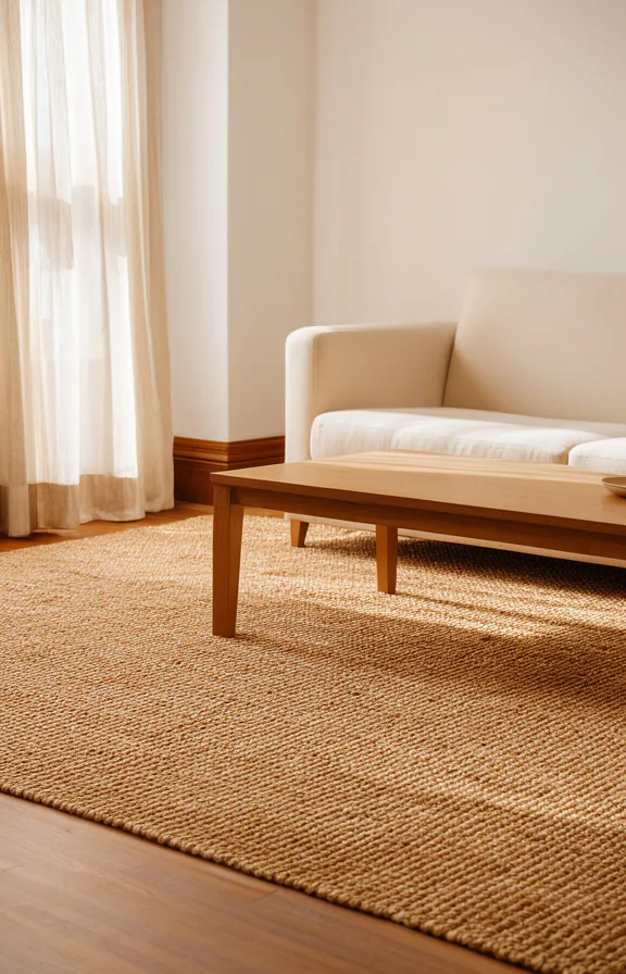 cream upholstered sofa visible above the rug, wooden coffee table on the rug edge