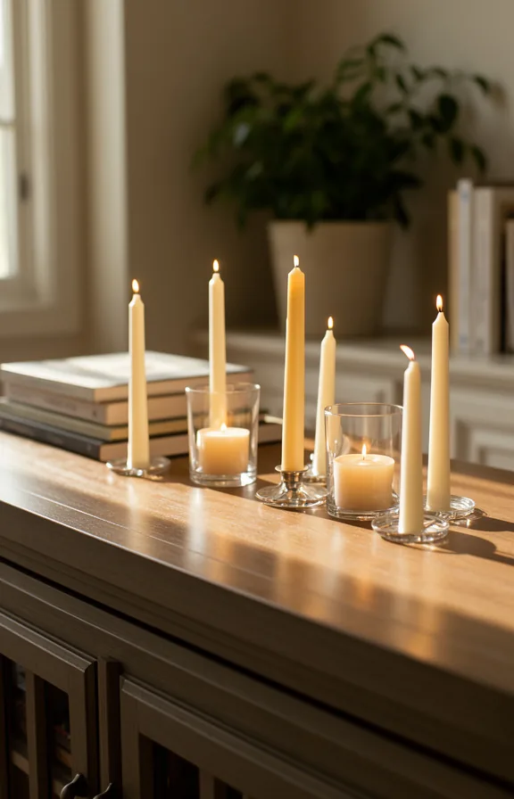 3/4 view of a console table styled with five candles of varying heights in cream and white tones