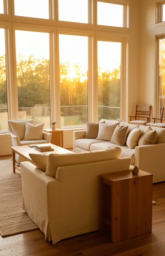 cream upholstered seating, wooden side table, warm natural glow illuminating the entire room