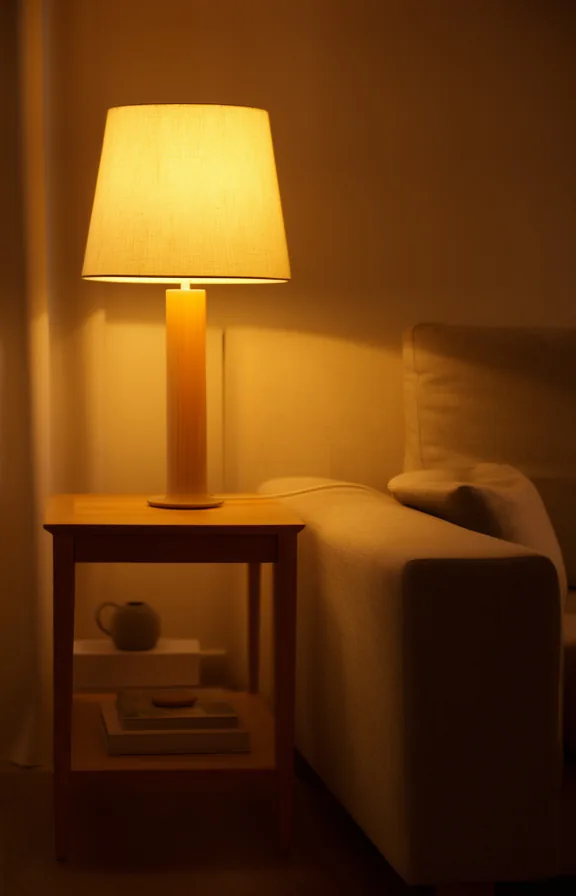 3/4 view of a table lamp with warm cream fabric shade casting soft golden light across a wooden s