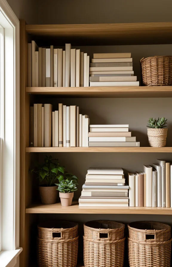 Medium shot of open wooden shelving with stacked books arranged horizontally in neutral tones
