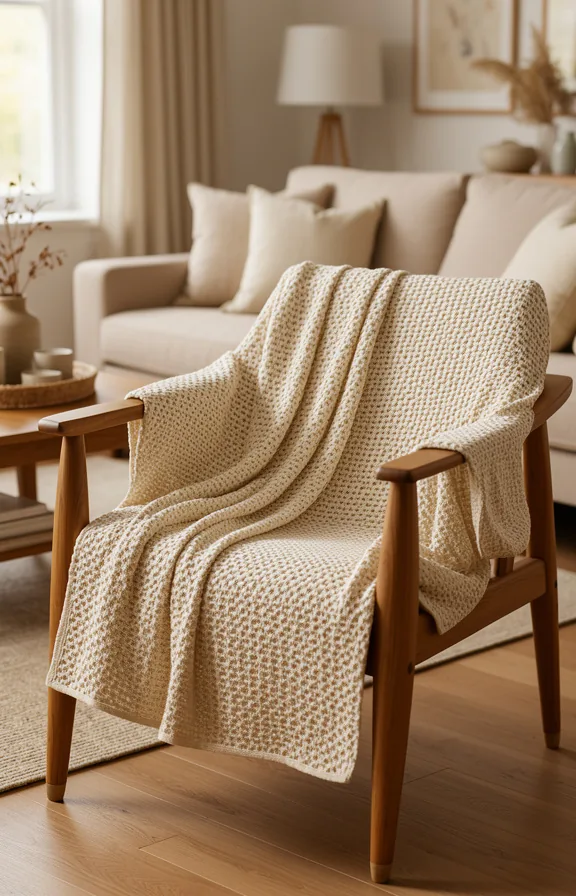 3/4 view of a natural linen throw in cream tone draped casually over a wooden armchair