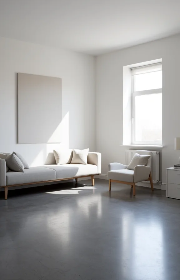 pristine white walls, neutral furniture arrangement, large canvas artwork