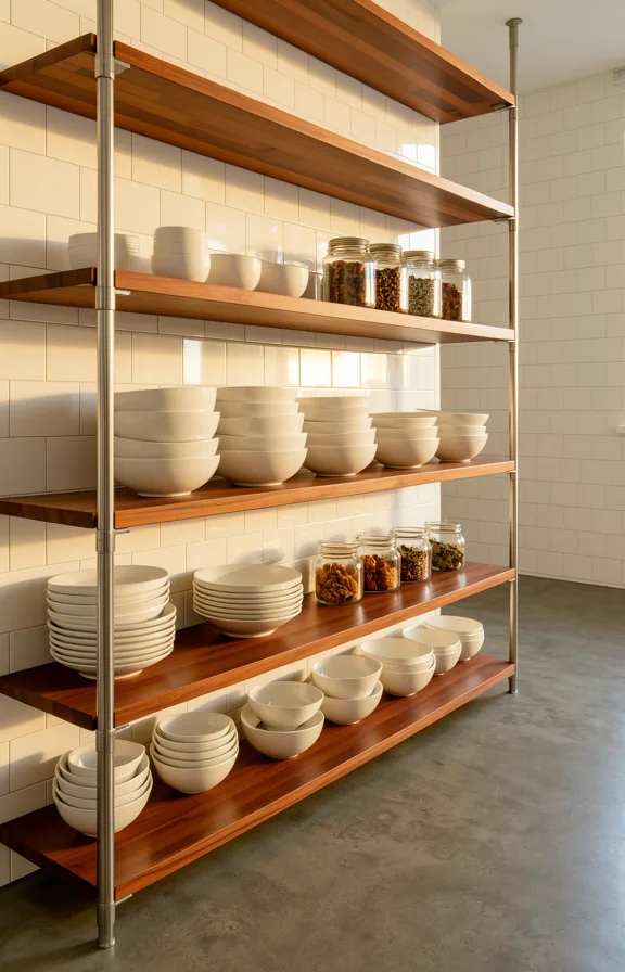 Three-quarter view of open kitchen shelving with white ceramic bowls stacked neatly