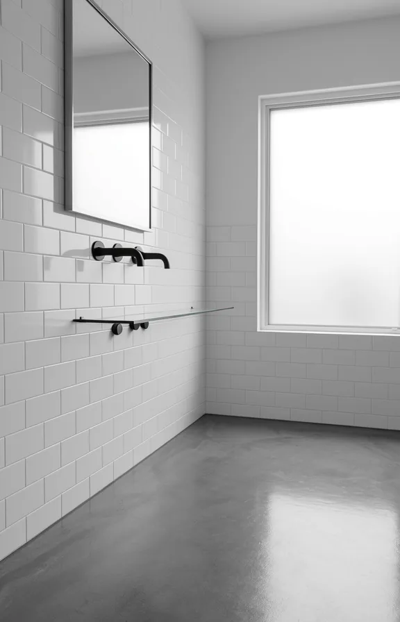 white subway tile walls, polished concrete flooring, simple metal mirror frame