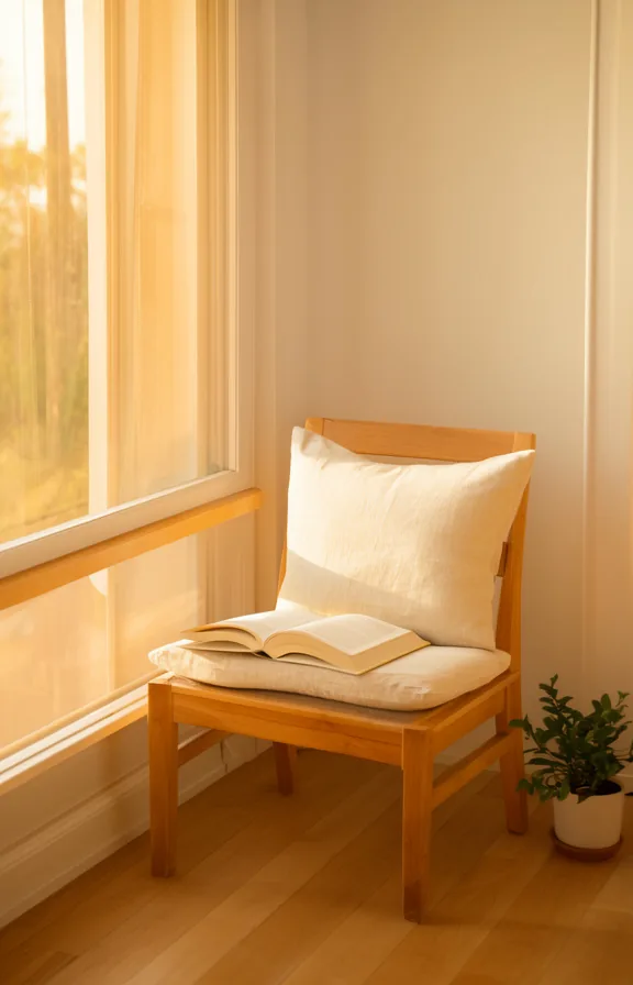 cream linen cushion, open book on seat, warm golden afternoon light streaming through glass