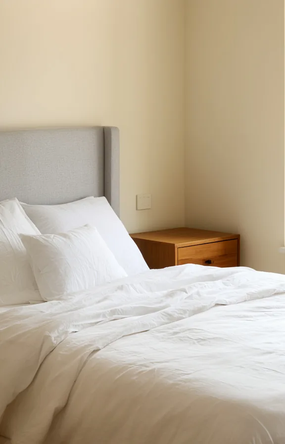 Three-quarter shot of neutral tonal sleeping area with layered white bedding