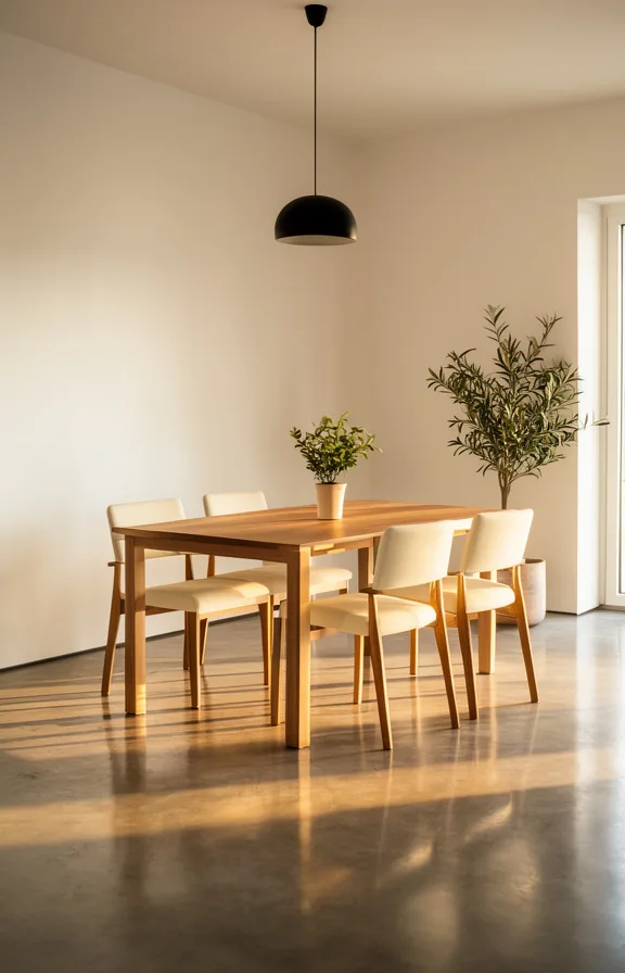 cream upholstered chairs, white walls, minimal black pendant light overhead