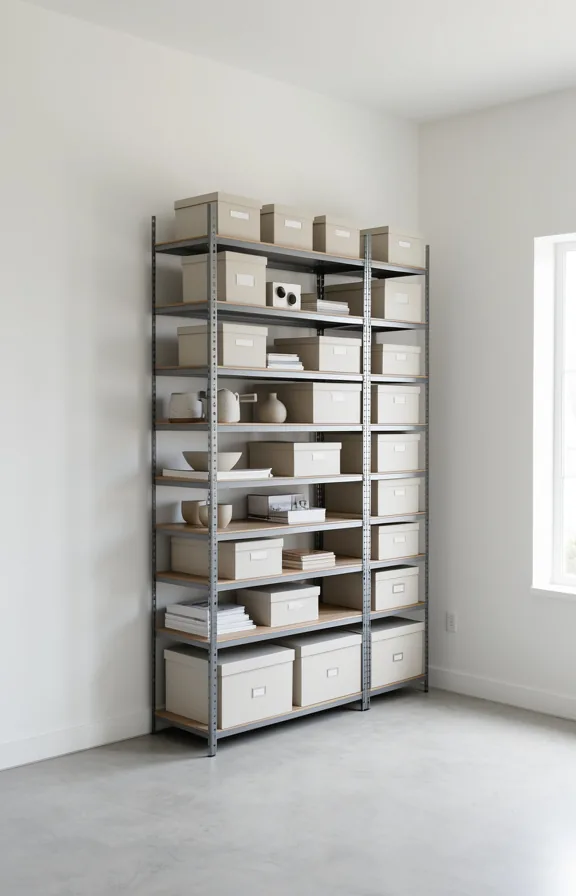 Three-quarter shot of vertical storage system in living room with floor-to-ceiling metal shelving