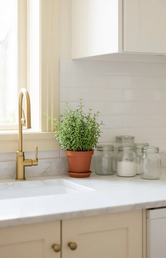 single brass faucet, clear glass storage jars, potted herb plant