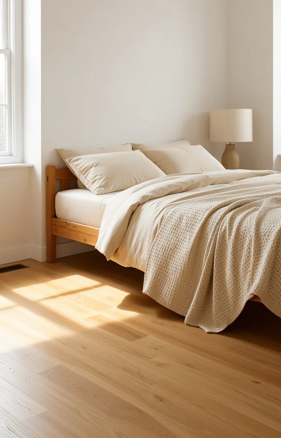 cream bedding, simple wooden bed frame, white plaster walls