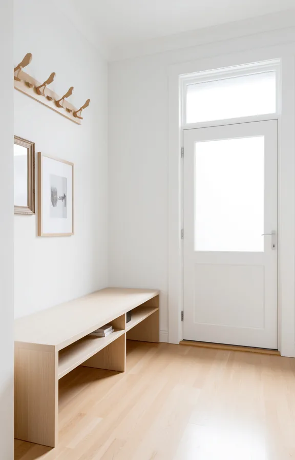 Three-quarter view of Scandinavian white entry hall with light oak coat pegs