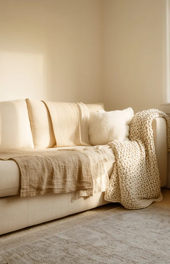 natural linen throw, white wool cushions, chunky knit blanket draped over arm