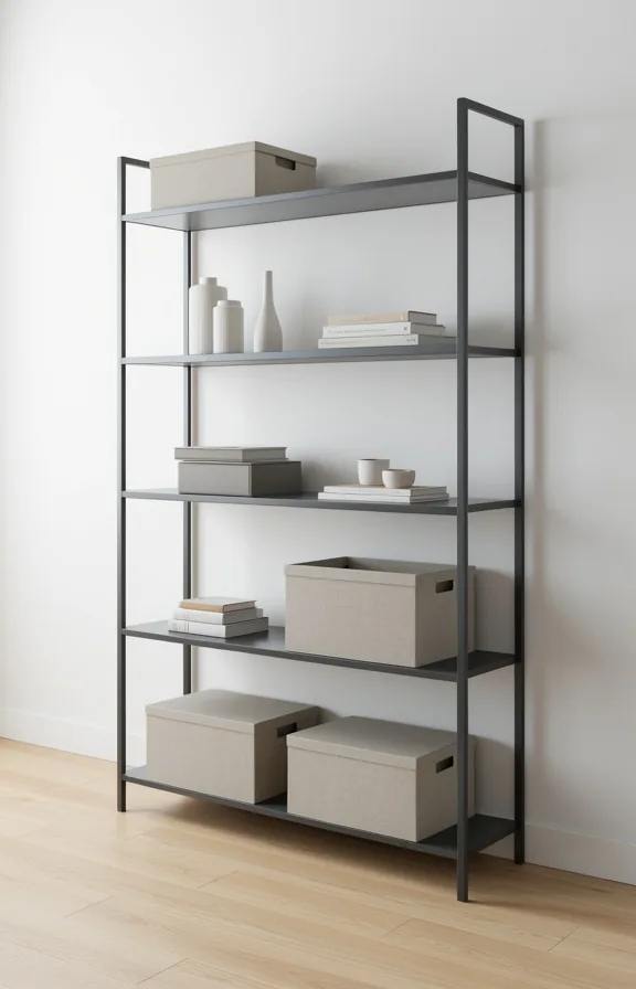 charcoal gray metal frame, neutral storage items, light wood flooring