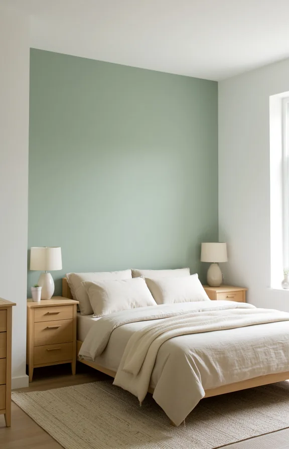 Three-quarter view of soft sage green accent wall in studio bedroom