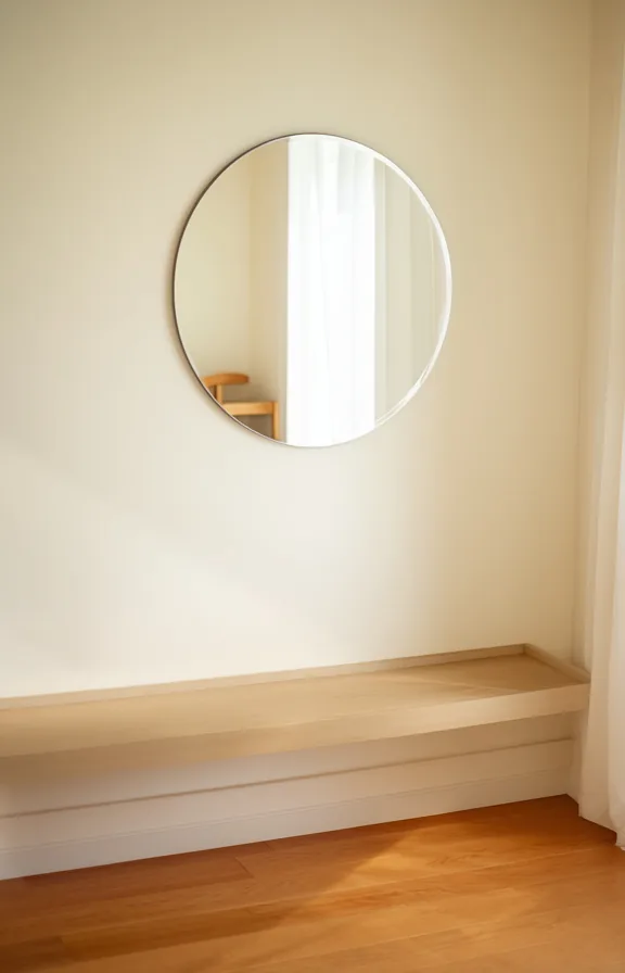 soft morning light reflecting across clean surface, minimal furniture visible in reflection