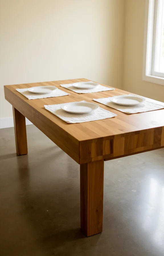 white linen placemats, simple white ceramic plates, light natural light from above