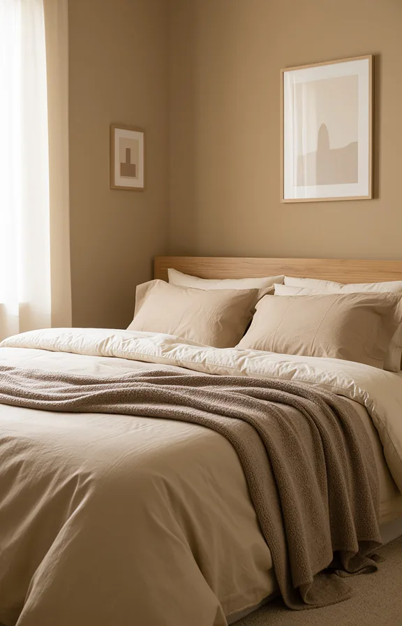 Three-quarter view of muted color sleeping sanctuary with warm beige walls