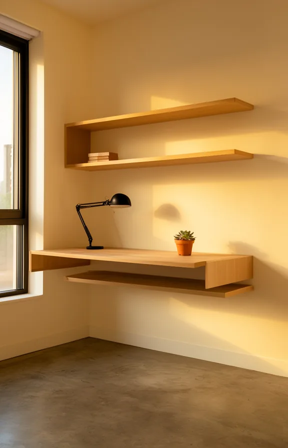 light oak shelves above desk surface, task lamp with black metal frame
