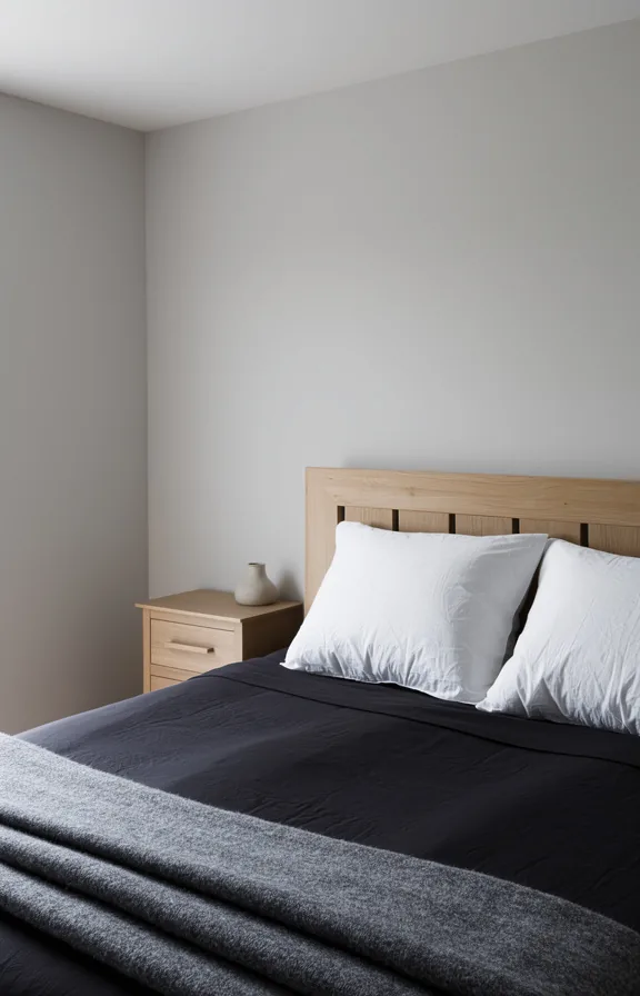 white linen pillows, natural wood headboard, gray wool throw