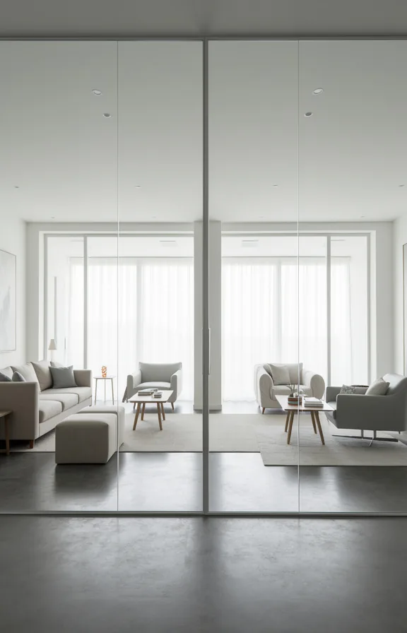 clear glass panels from ceiling to floor, concrete flooring continuous throughout